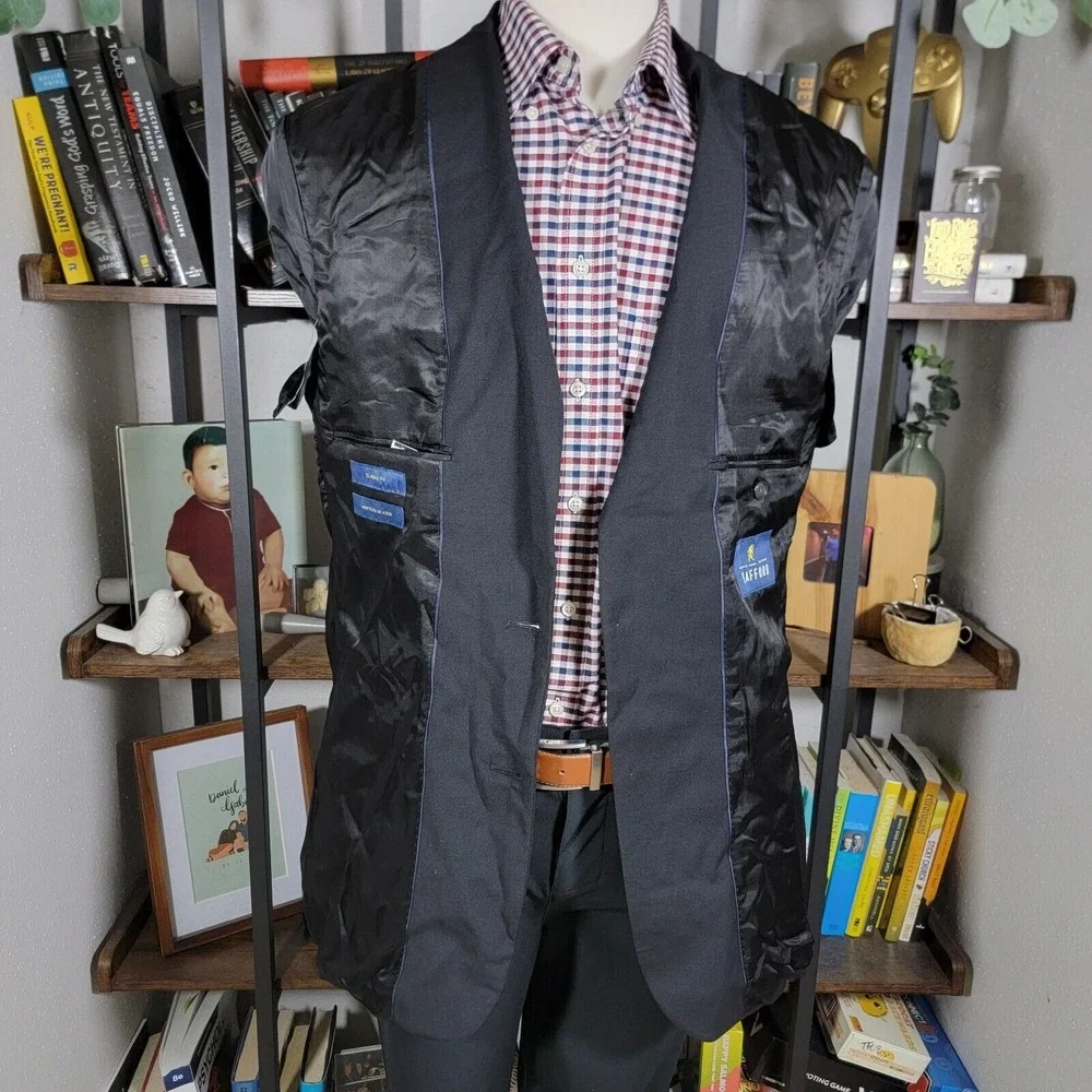 Stafford Men's Hopsack Blazer Two‎ Silver Button Black Wool Blend Classic 42L